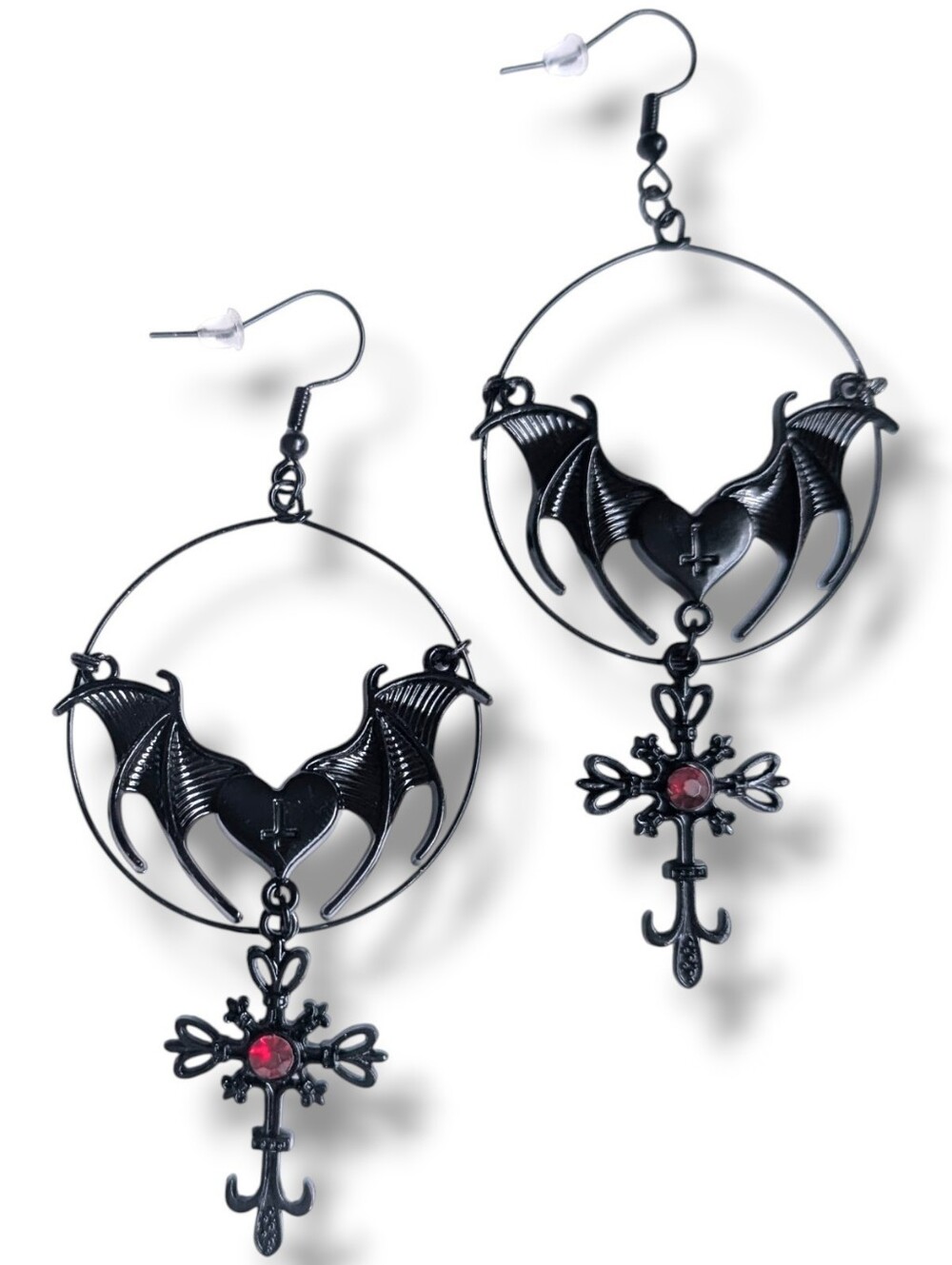 NWT Handmade Black Bat Hoop and Black Red Gem Cross Dangly Earrings